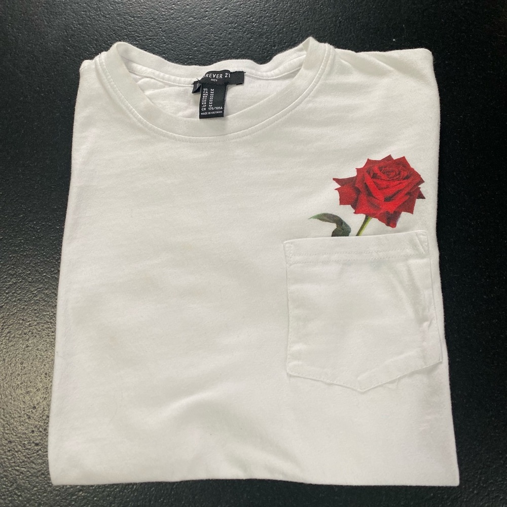 White Tee with Rose pocket (stem of the rose is inside the pocket)